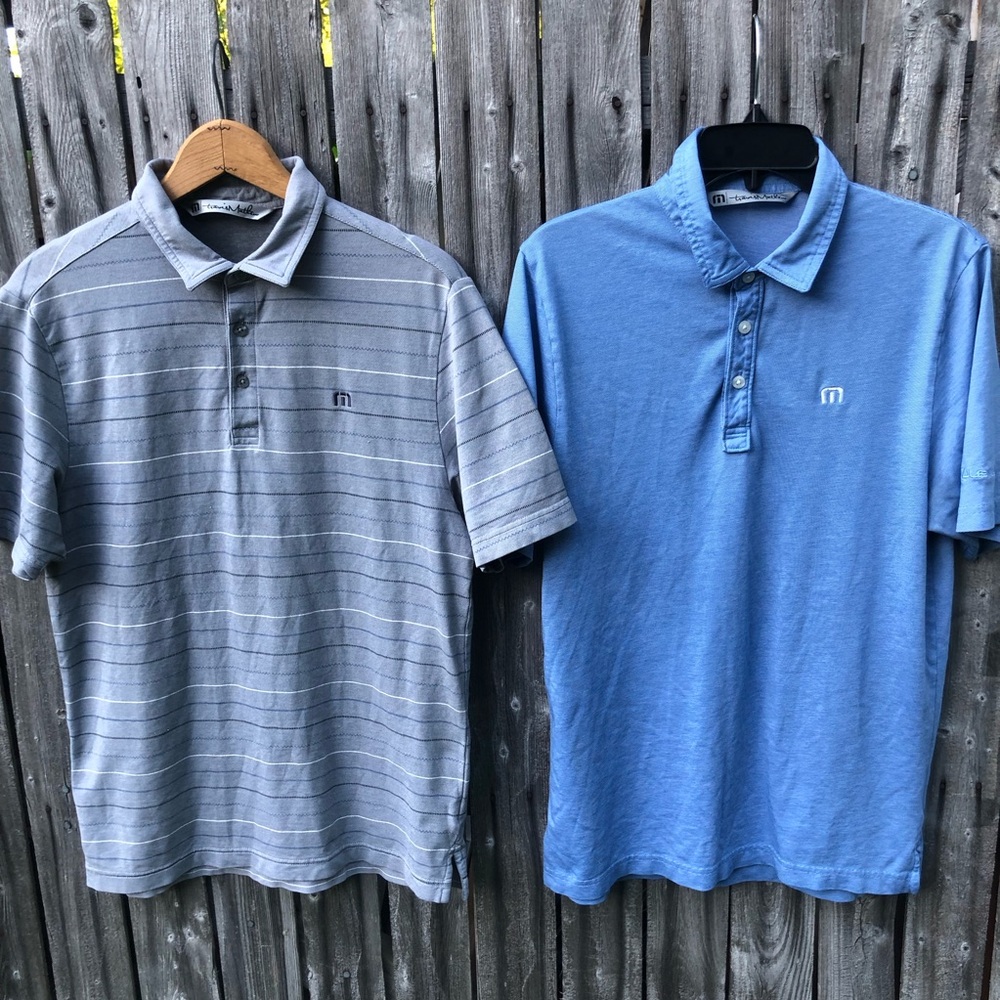 2 Pack Travis Mathew Men’s Size Small Golf Polo Shirts Blue and Gray Bundle